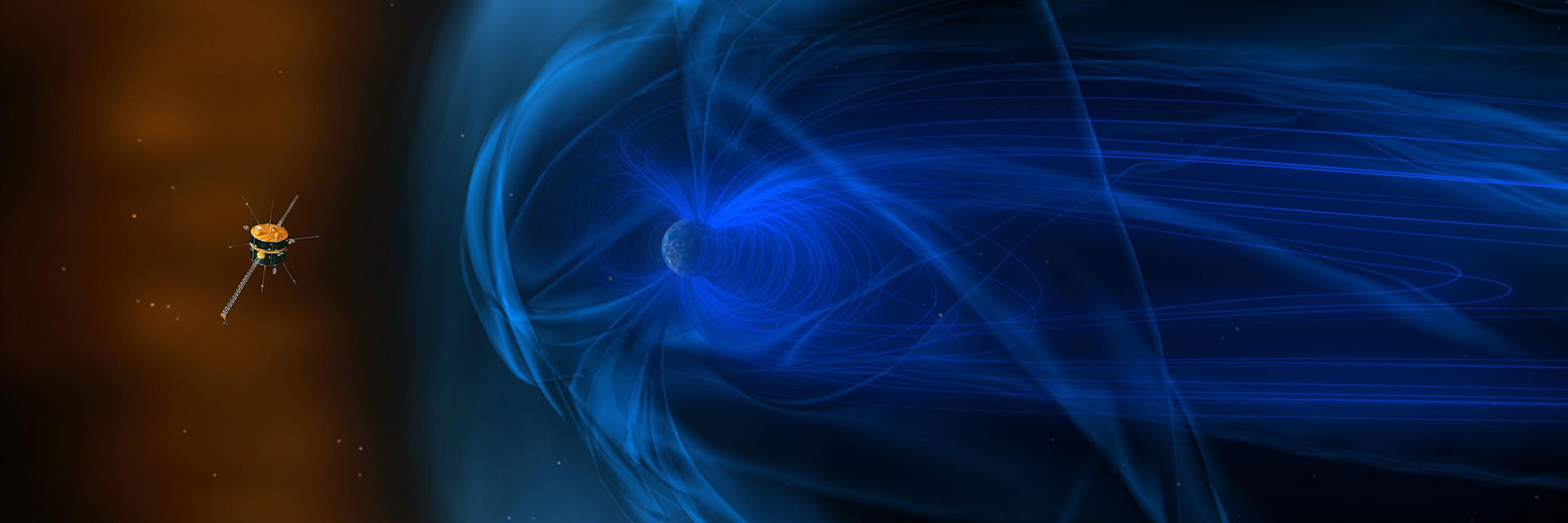 Blue swirls show Earths magnetic field with a spacecraft orbiting nearby in the orange flow of the Sun
