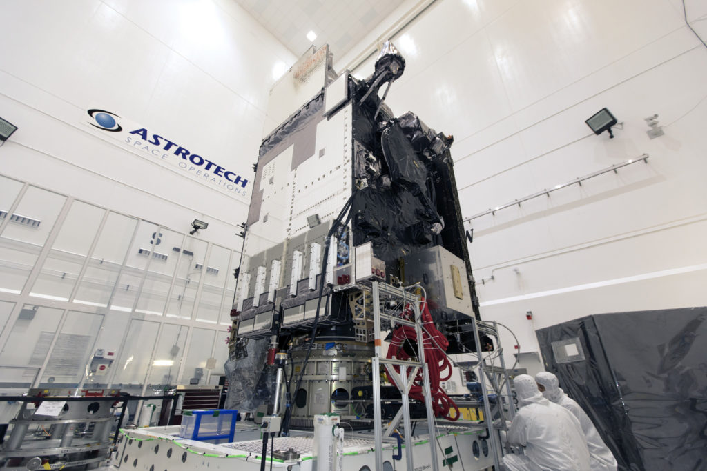 NOAA's GOES-S weather satellite is prepared for encapsulation in its payload fairing inside Astrotech Space Operations in Titusville, Florida.