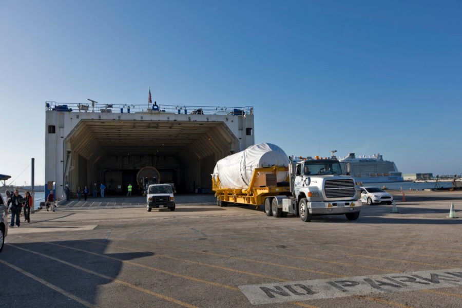 The United Launch Alliance Atlas V booster and Centaur stage for NOAA's Geostationary Operational Environmental Satellite-S (GOES-S) are offloaded from the Mariner transport ship at the Army Wharf at Cape Canaveral Air Force Station in Florida.