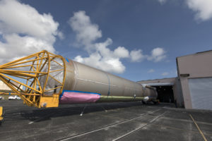 The United Launch Alliance Atlas V booster for NOAA's GOES-S mission arrives at the Atlas Spaceflight Operations Center near Space Launch Complex 41 at Cape Canaveral Air Force Station in Florida.