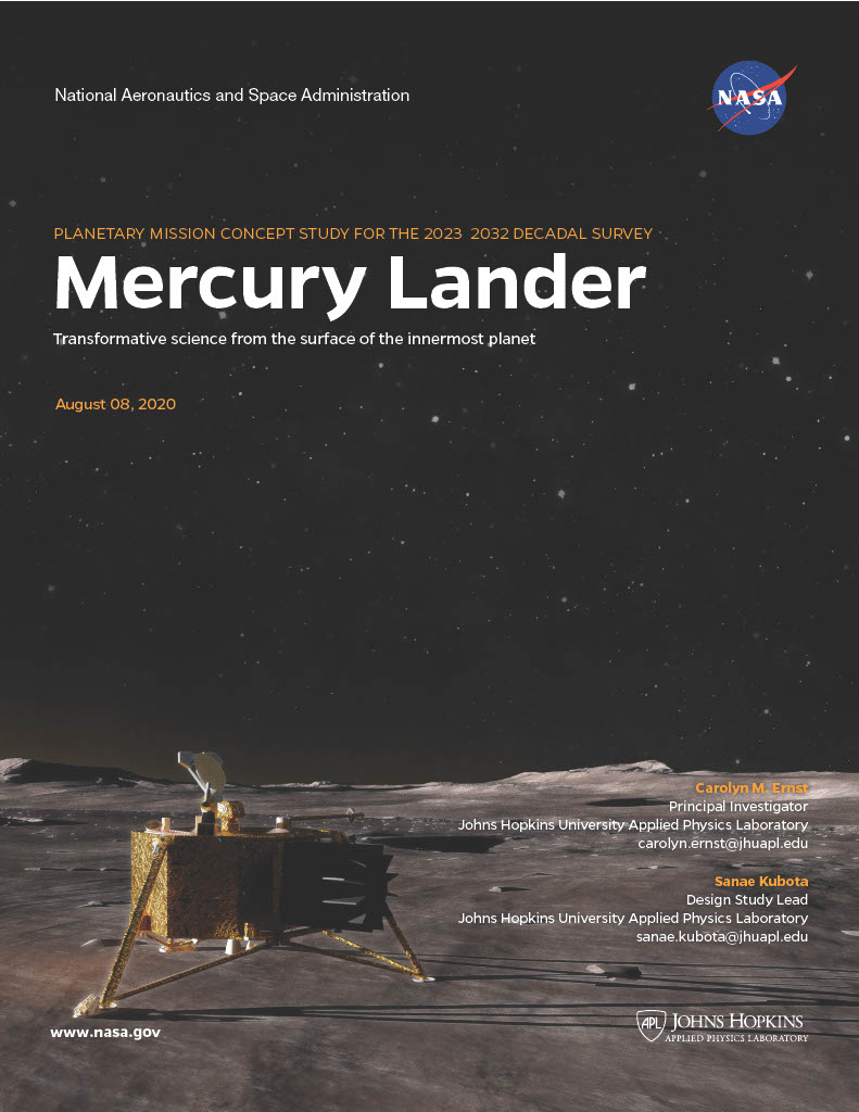 Cover of Mercury lander report showing spacecraft on the planet surface