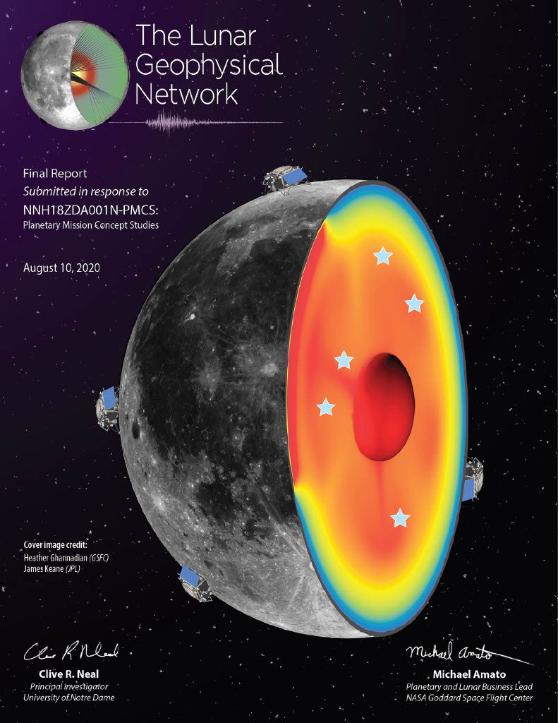 Cover of the lunar geophysical report showing cutaway of the moon with colored interior from cool to hot