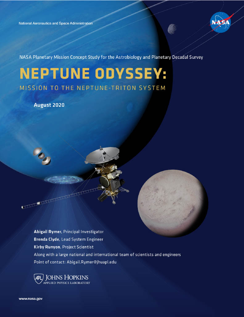 Cover of Neptune Odyssey report showing spacecraft and blue planet with smaller gray planet below