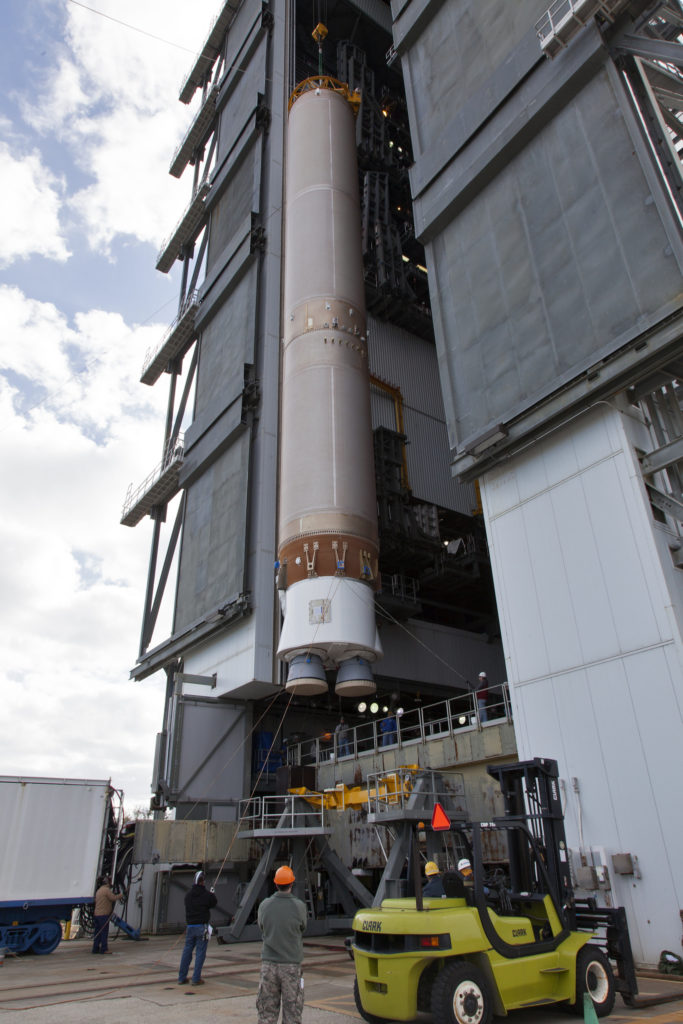 The Atlas V first stage is lifted into the Vertical Integration Facility at SLC-41 at Cape Canaveral Air Force Station.