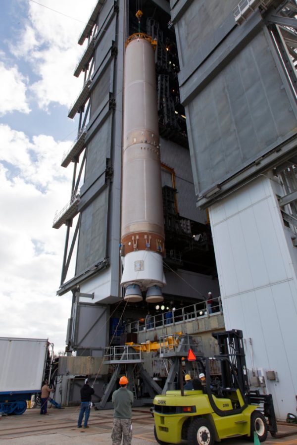 The Atlas V first stage is lifted into the Vertical Integration Facility at SLC-41 at Cape Canaveral Air Force Station.