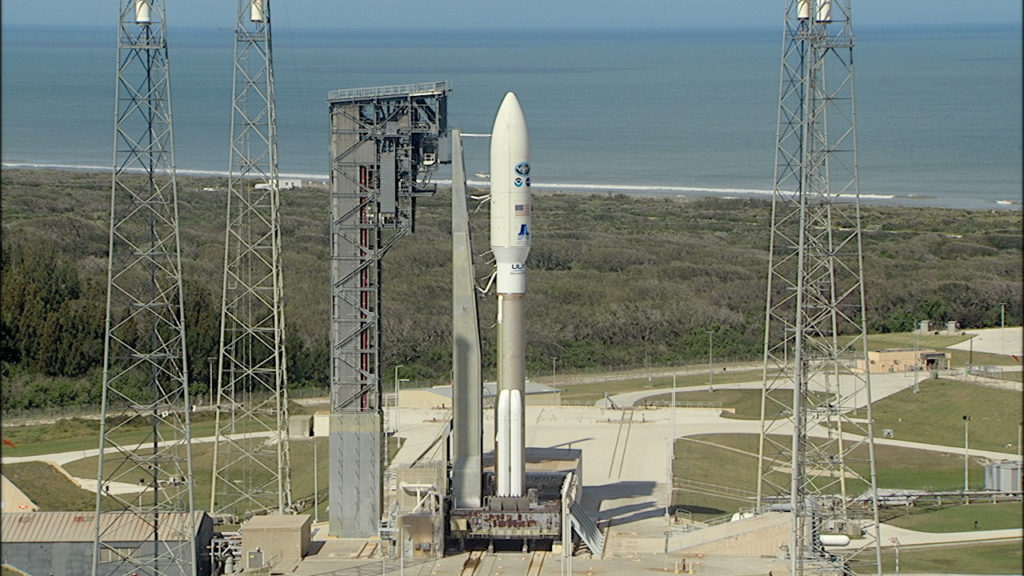 A United Launch Alliance Atlas V rocket stands ready for liftoff at Space Launch Complex 41 at Cape Canaveral Air Force Station in Florida.