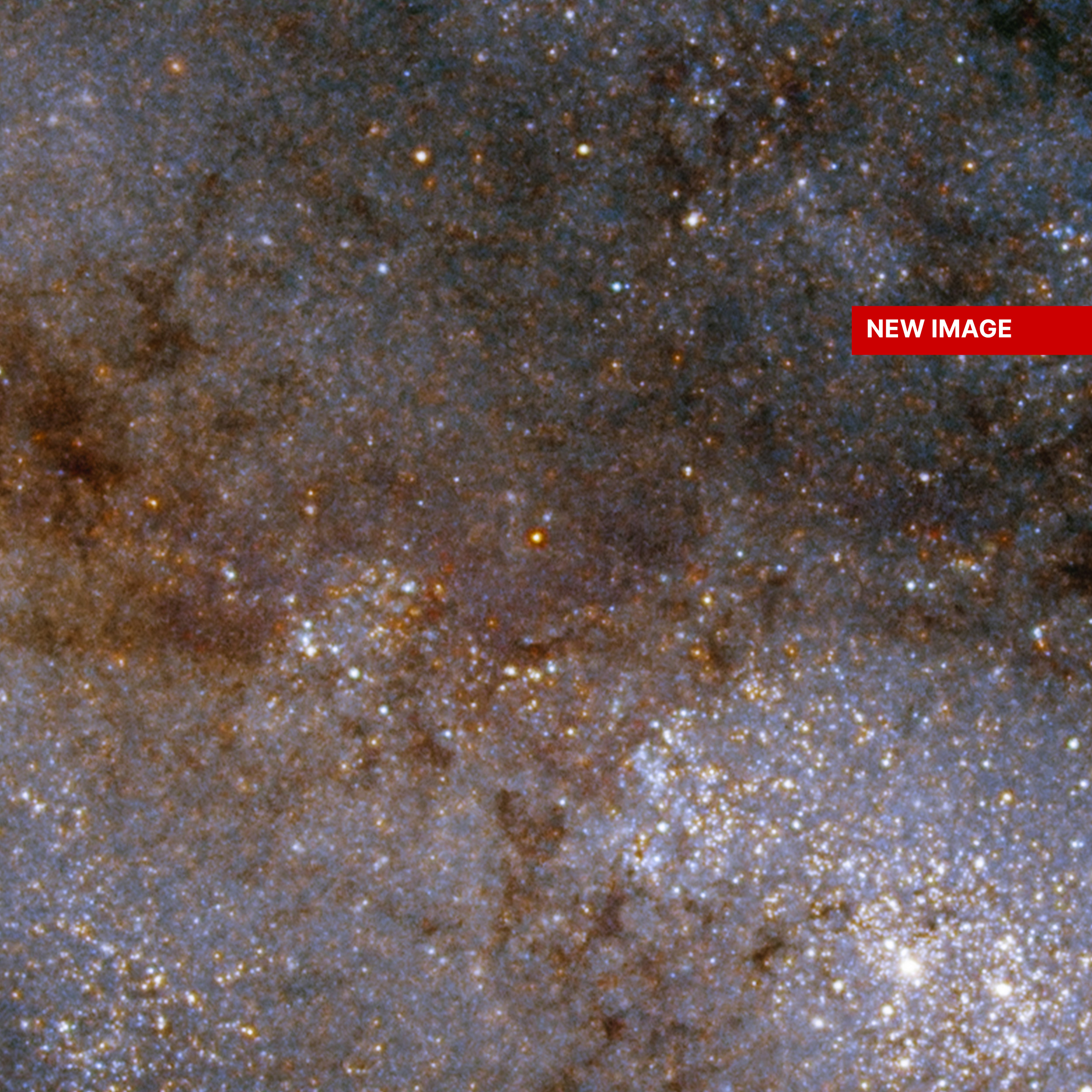 Bright stars scatter across the field of view, more closely concentrated at the lower right. Dark brown lanes of dust spread throughout the view. The phrase, "new image" surrounded by a red box is near the upper-right corner of the image.