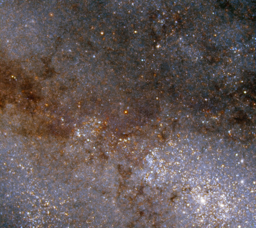 Bright stars scatter across the field of view, more closely concentrated at the lower right. Dark brown lanes of dust spread throughout the view.