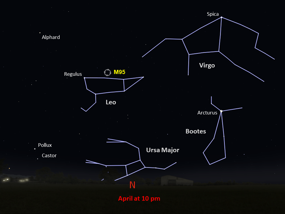 Annotated star chart for M95 in the southern hemisphere, facing the northern sky in April at 10 PM.