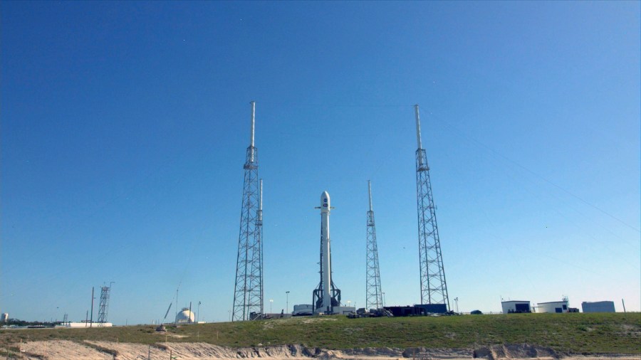 The SpaceX Falcon 9 rocket set to launch NASA's TESS spacecraft stands at Space Launch Complex 40 on Cape Canaveral Air Force Station.
