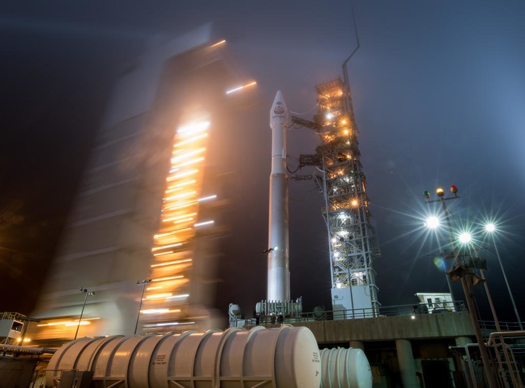 The mobile service tower is rolled back from the United Launch Alliance Atlas V rocket with NASA's InSight spacecraft at Space Launch Complex-3 at Vandenberg Air Force Base in California.