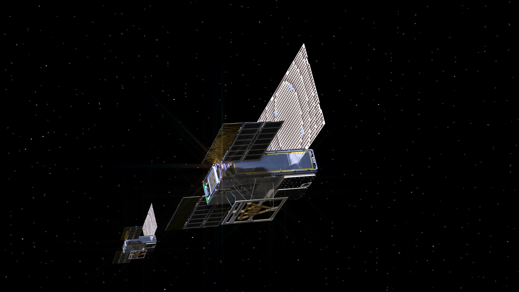 An artist's rendering of the twin Mars Cube One (MarCO) spacecraft as they fly through deep space. 