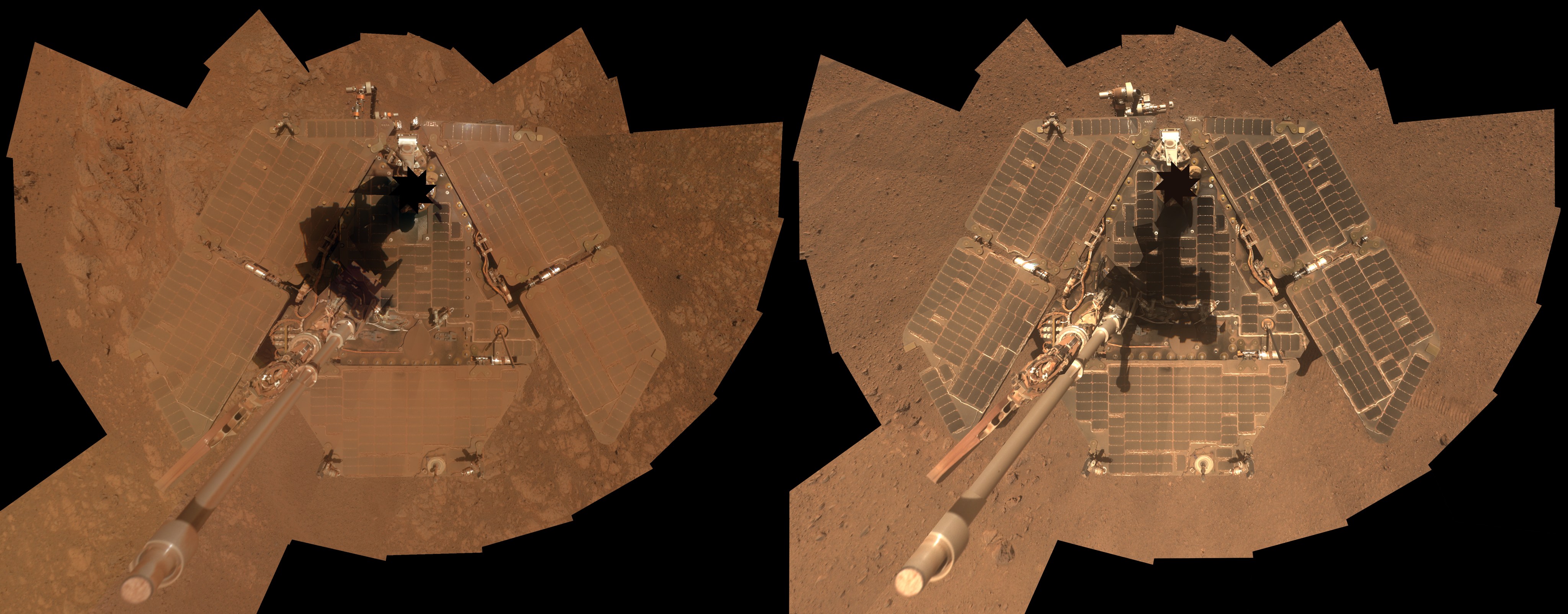 Side-by-side overhead views of Mars rover Curiosity. On the left, you can only see its triangular top deck, at the center of the image pointing toward the top of the frame, and the deck is surrounded by five trapezoidal solar panels – two each extending from the top two sides of the triangle, and the fifth one extending from the triangle's base. But the entire thing is so covered in cinnamon-colored dust, it's almost impossible to distinguish from the surrounding terrain. A silvery mast, also dust-covered, extends upward from the deck toward the viewer. The image on the right is the same view, with its dusty solar panels blown clean and gleaming.