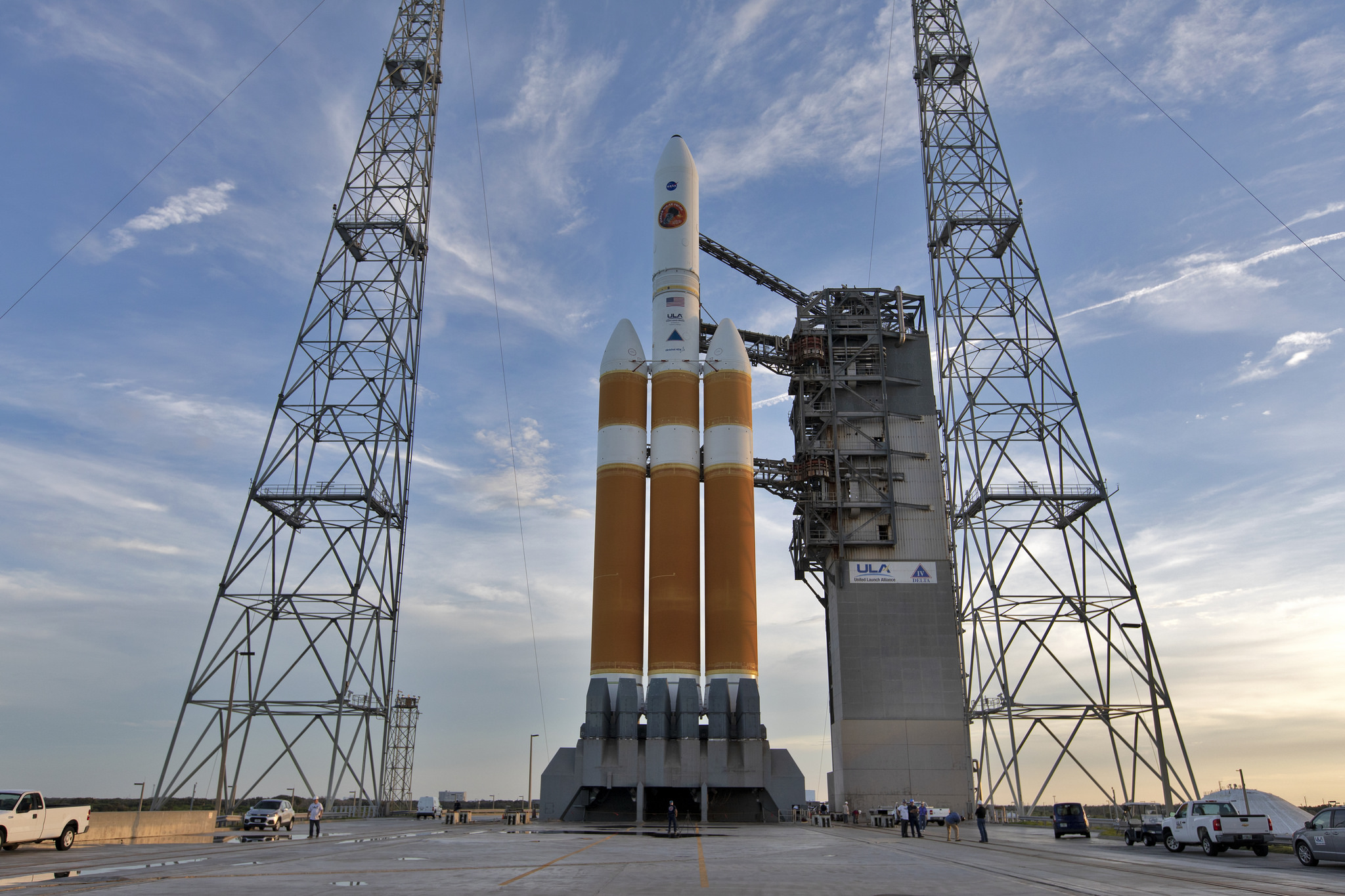The United Launch Alliance Delta IV Heavy rocket stands ready to boost NASA's Parker Solar Probe on a mission to study the Sun