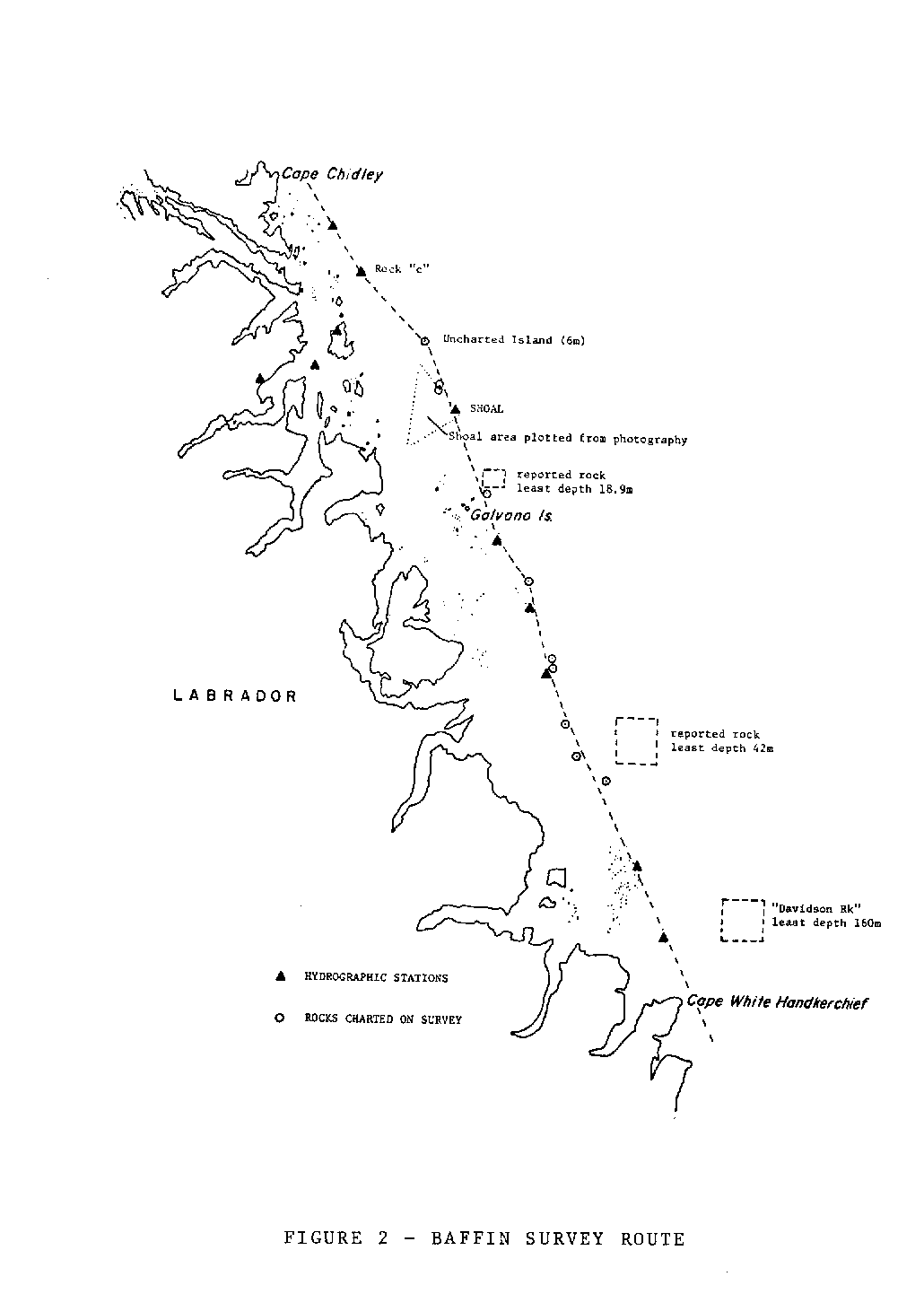 CSS Baffin survey of the coast of Labrador from 59°15'N to 60° 25'N during 1976 to chart offshore features and check reported rocks. Image courtesy of Betty Fleming.