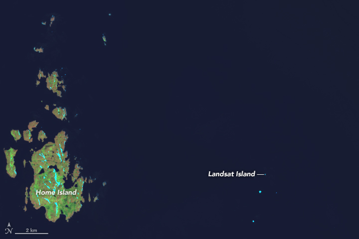 This satellite image of Landsat Island captured on July 15, 2014, by the Operational Land Imager (OLI) on Landsat 8. The island spans no more than a pixel or two. Image credit: NASA Earth Observatory/Joshua Stevens