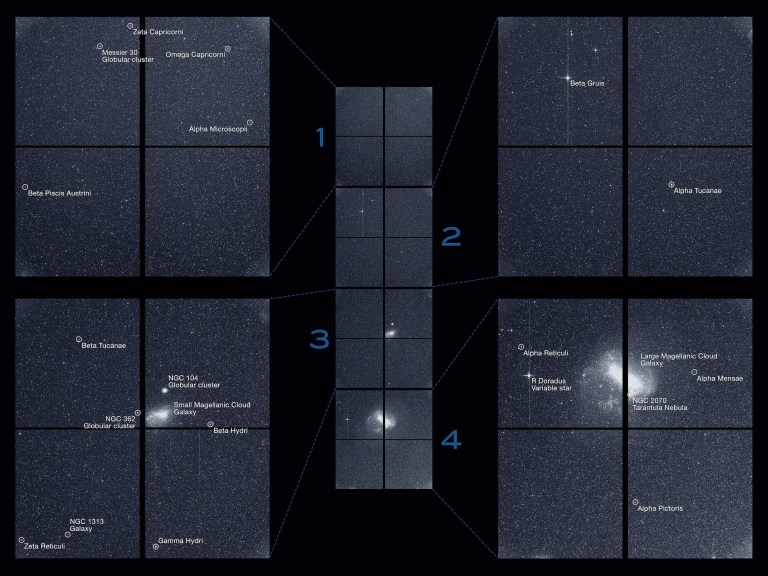 The Transiting Exoplanet Survey Satellite (TESS) captured this strip of stars and galaxies in the southern sky during one 30-minute period on Tuesday, Aug. 7. Created by combining the view from all four of its cameras, this is TESS’ “first light,” from the first observing sector that will be used for identifying planets around other stars. Elements are labeled in the collage.