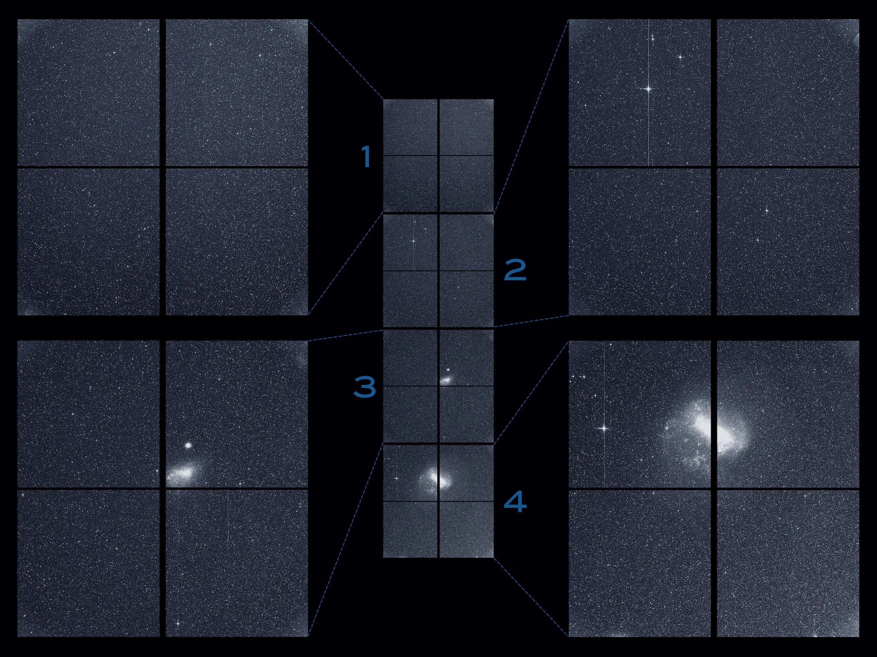 The Transiting Exoplanet Survey Satellite (TESS) captured this strip of stars and galaxies in the southern sky during one 30-minute period on Tuesday, Aug. 7. Created by combining the view from all four of its cameras, this is TESS’ “first light,” from the first observing sector that will be used for identifying planets around other stars.