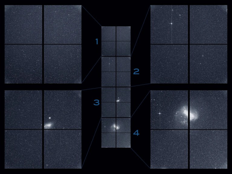 The Transiting Exoplanet Survey Satellite (TESS) captured this strip of stars and galaxies in the southern sky during one 30-minute period on Tuesday, Aug. 7. Created by combining the view from all four of its cameras, this is TESS’ “first light,” from the first observing sector that will be used for identifying planets around other stars.