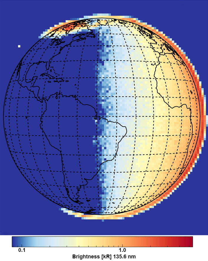 A pixelated world map showing airglow brightness at 135.6 nm. The left hemisphere is dark blue, indicating low brightness, while the right is bright yellow-orange, showing higher brightness. A legend below ranges from 0.1 to 1.0 kR.
