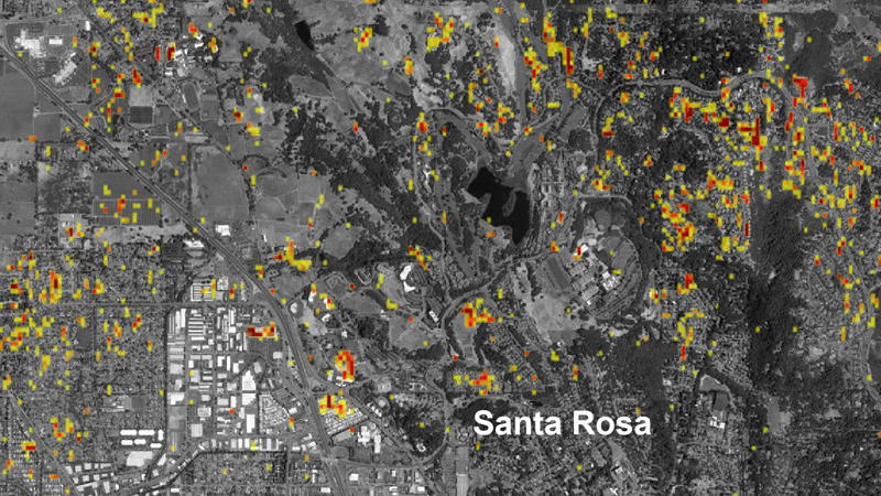Damage Proxy Map of fire damage in Santa Rosa.