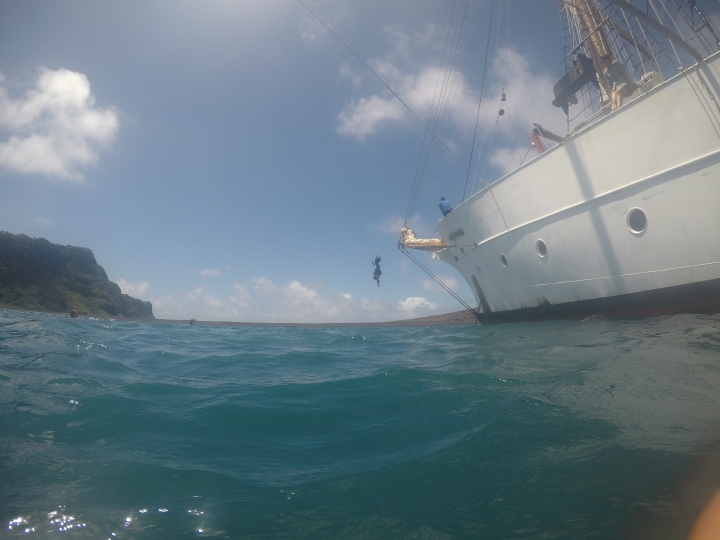 Natalie takes off during swim call, with a view of HTHH in the background. Credit: SEA