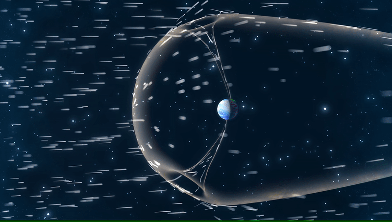 An animated gif showing an illustration of Earth protected by a transparent bubble-shaped shield with white streaks symbolizing solar wind being deflected in space, with stars in the background. 