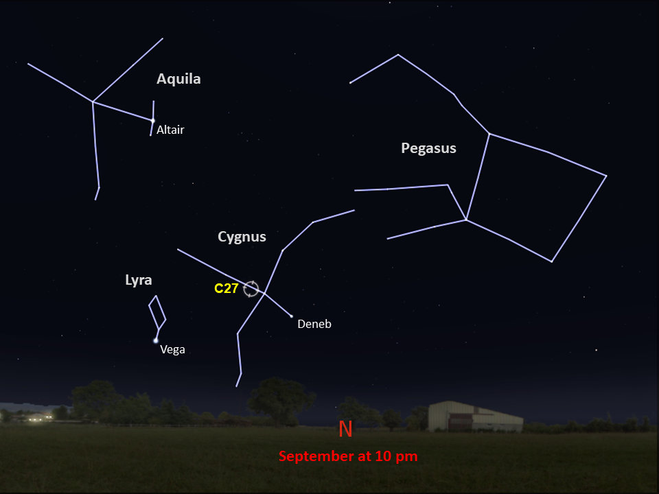 Line drawings of constellations pinpoint the location of Caldwell 27