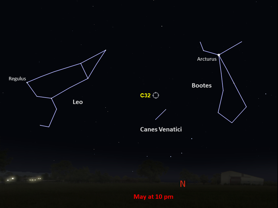 A star chart shows C32 as seen from the Southern Hemisphere in the northern night sky in May at 10pm.