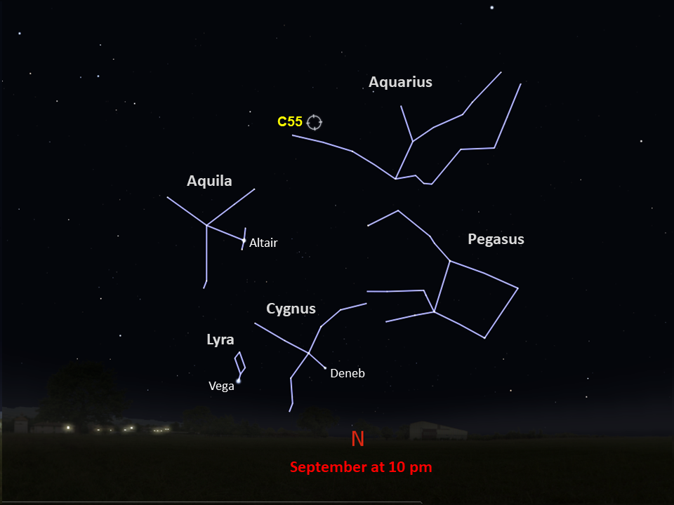 A star chart shows C55 in the lower-left corner of the constellation Aquarius, in the northern night sky in September at 10pm.