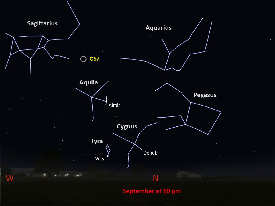 A star chart shows C57 between the constellations Sagittarius, Aquarius, and Aquila in the northern night sky in September at 10pm.