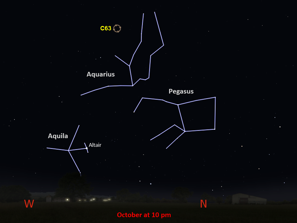 A star chart shows C63 above the constellation Aquarius, in the northwestern night sky in October at 10pm.