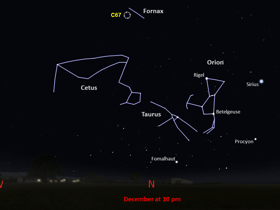 A star chart shows C67 next to the constellation Fornax on the right, in the northern night sky in December at 10pm.