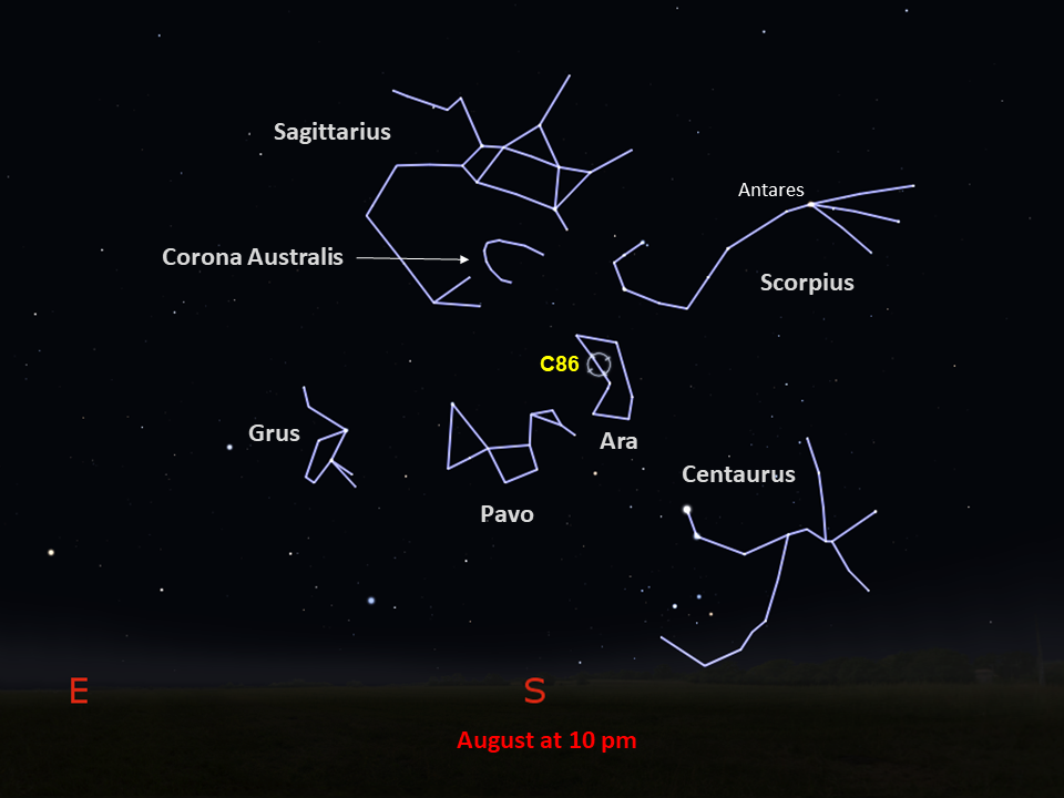 A simple map of the sky shows outlines of constellations, labeled stars, and the location of Caldwell 86.