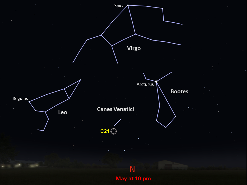 This Southern Hemisphere star chart shows the location of Caldwell 21 in the northern part of night sky at 10pm in May.