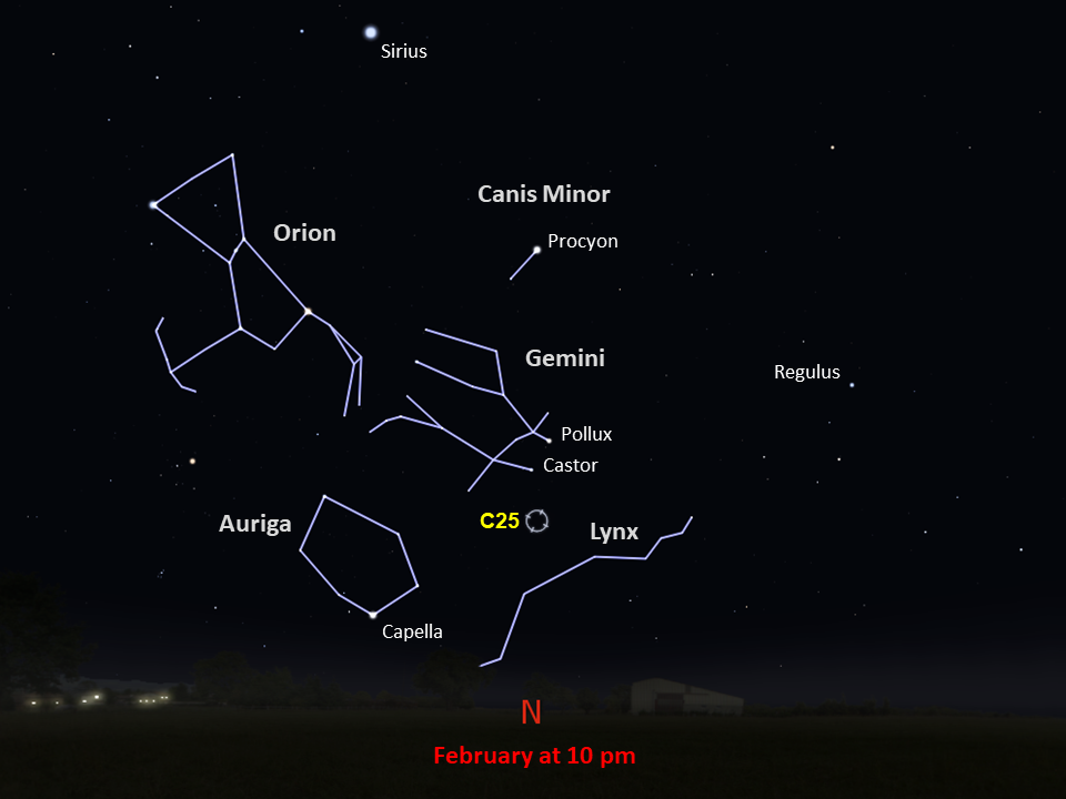 This Southern Hemisphere star chart shows the location of Caldwell 25 in the northern part of night sky at 10pm in February.