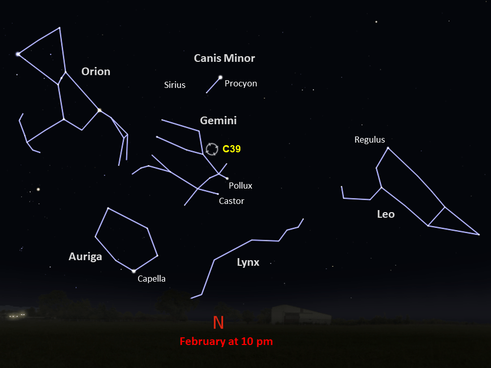 Shows the location of C39 from mid-southern latitudes in the southern night sky, near the constellation Gemini, at 10pm in February.