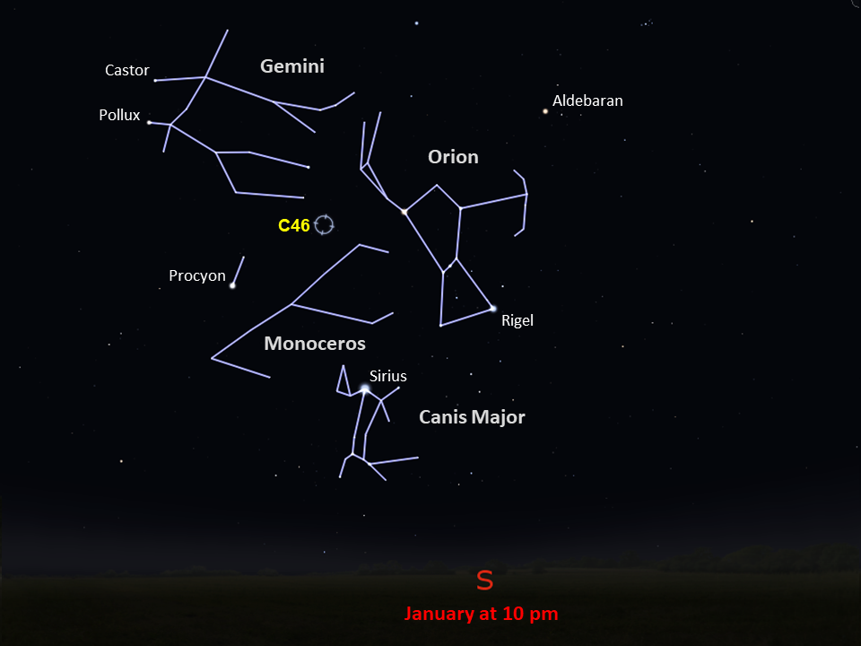 This Northern Hemisphere star chart shows C46 just below the constellation Monocerotis in the southern part of night sky at 10pm in January.