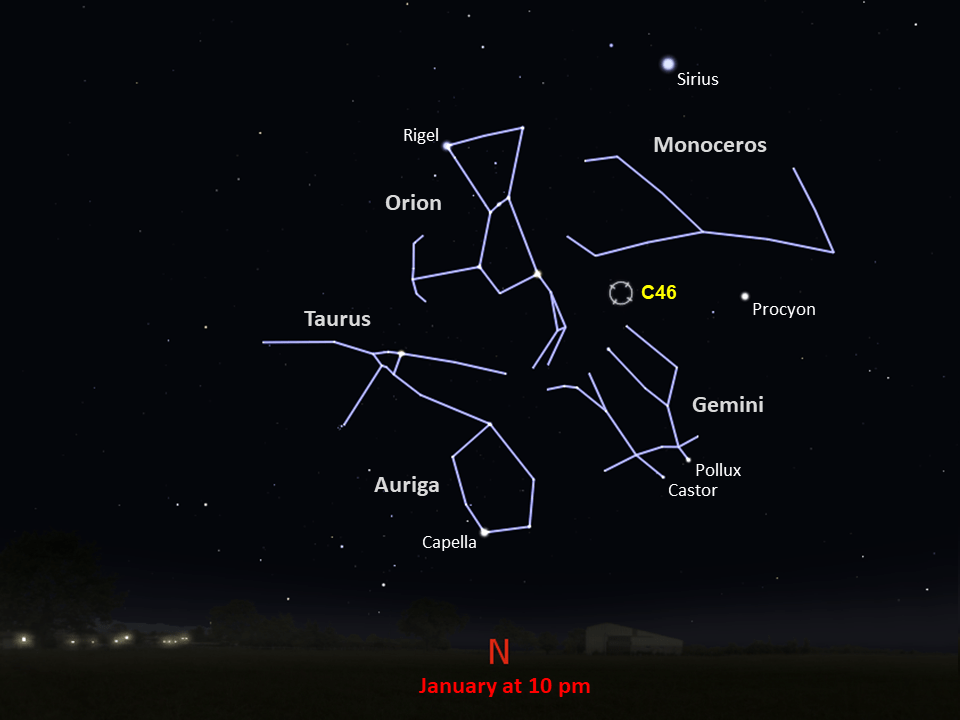 This Southern Hemisphere star chart shows C46 just below the constellation Monocerotis in the northern part of night sky at 10pm in January.