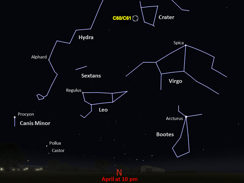 A star chart shows C60 and C61 as seen from the Southern Hemisphere in the northern night sky in mid April at 10pm