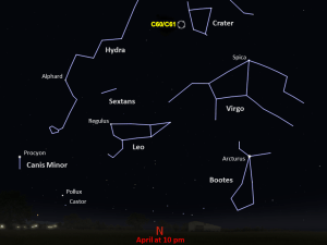A star chart shows C60 and C61 as seen from the Southern Hemisphere in the northern night sky in mid April at 10pm
