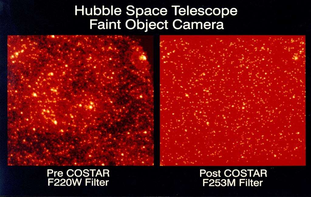 Left: dark red to black background with bright-red clumps dotted with yellow stars. Right: red background dotted with yellow stars