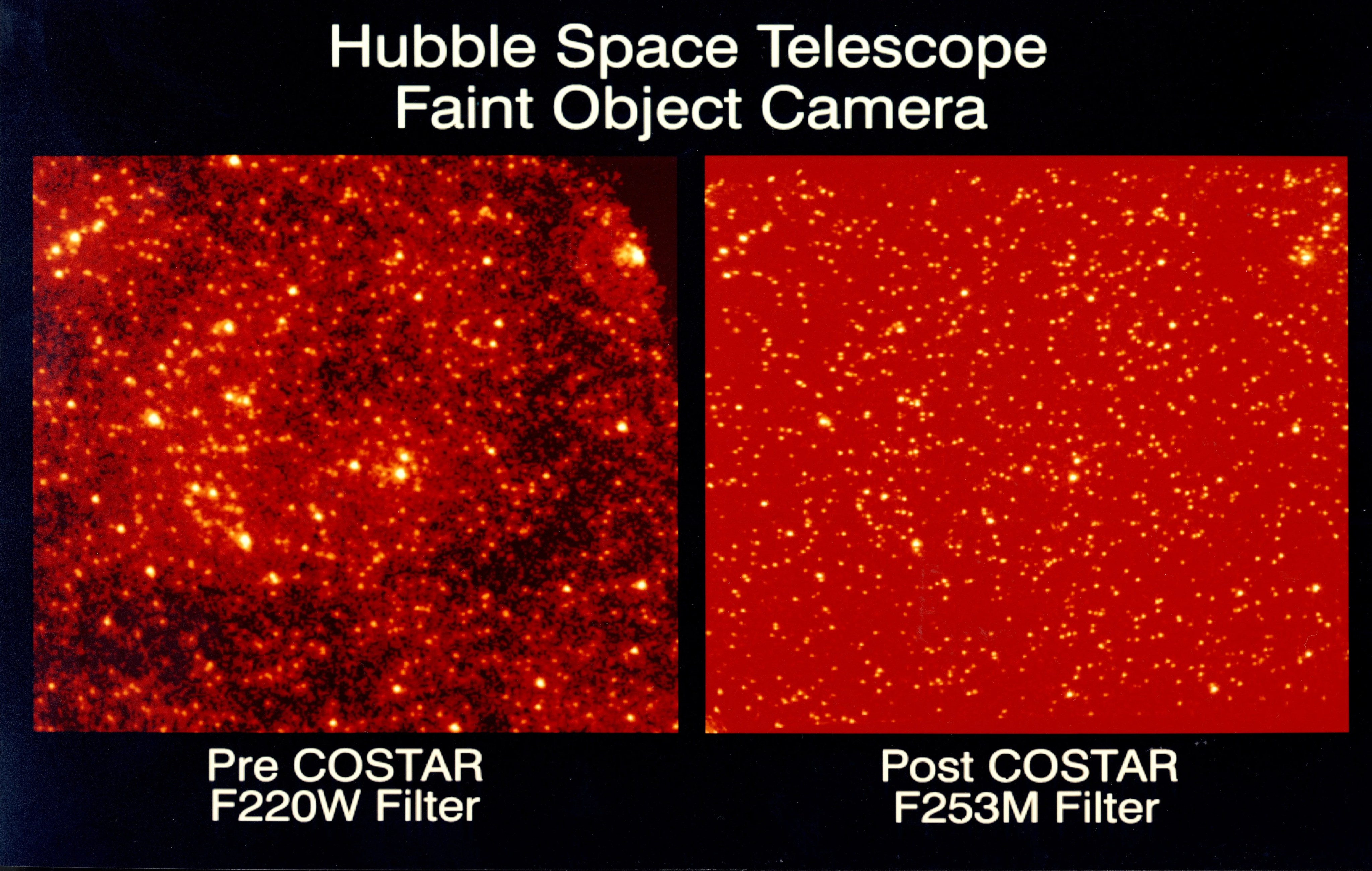 Left: dark red to black background with bright-red gas clumps dotted with yellow stars. Right: red background dotted with yellow stars