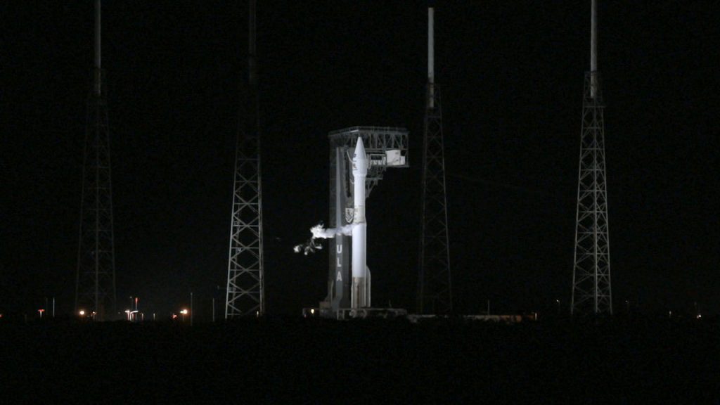The United Launch Alliance Atlas V rocket, with the Solar Orbiter spacecraft sealed in the payload fairing, awaits liftoff on Sunday, Feb. 9, at Space Launch Complex 41 at Florida's Cape Canaveral Air Force Station.