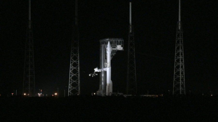 The United Launch Alliance Atlas V rocket, with the Solar Orbiter spacecraft sealed in the payload fairing, awaits liftoff on Sunday, Feb. 9, at Space Launch Complex 41 at Florida's Cape Canaveral Air Force Station.