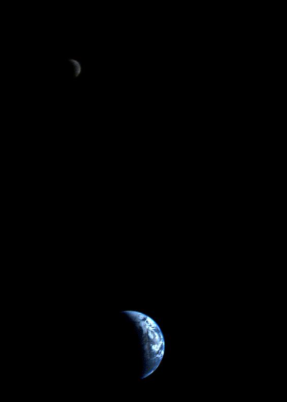 A pale, yellowish crescent-shaped Moon is near the top of this image with a blue, crescent Earth at the bottom.