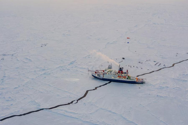 A research vessel on Arctic sea ice
