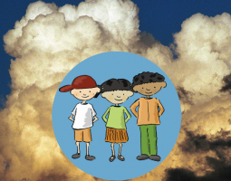Cartoon of children and clouds