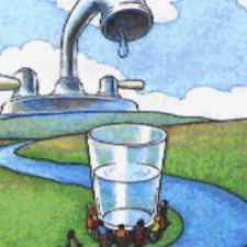 Illustration of water coming from a faucet into a cup