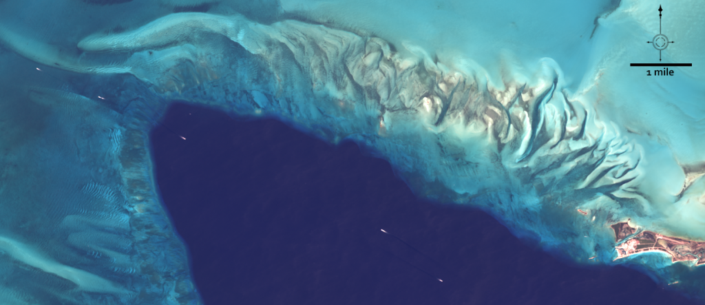 The primary test site for the expedition was just west of the Berry Islands on the northern edge of the Great Bahama Bank. The location was chosen as the prime testing site because it gradually changed depth from one meter to deep ocean in a short north-south span (25 nautical miles). This natural-color Landsat 8 image acquired on March 23, 2019, shows where the northern Great Bahama Bank meets the deep ocean. Image credit: NASA/USGS Landsat